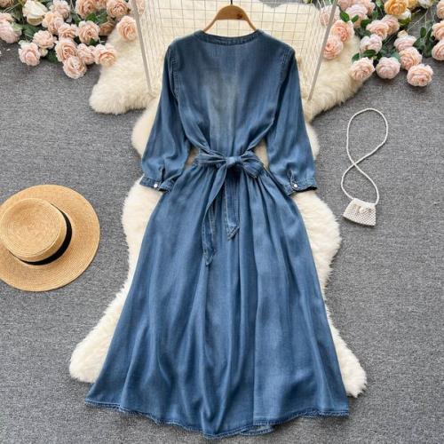 お早めにデニム シャツ ワンピース ジーンズ 長袖 ミモレ丈 韓国 オーバーシャツ レディース デニムワンピース シャツワンピース 無地 襟なし 大人可愛い 前開き ウエストリボン シャ お早めにデニム シャツ ワンピース ジーンズ 長袖 ミモレ丈 韓国 オーバーシャツ レディース デニムワンピース シャツワンピース 無地 襟なし 大人可愛い 前開き ウエストリボン シャ