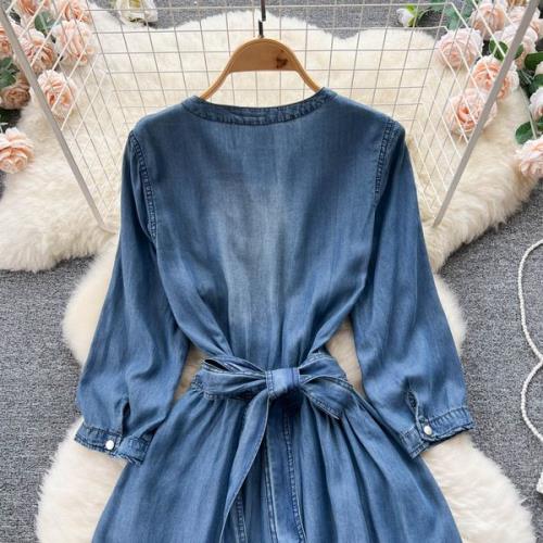 お早めにデニム シャツ ワンピース ジーンズ 長袖 ミモレ丈 韓国 オーバーシャツ レディース デニムワンピース シャツワンピース 無地 襟なし 大人可愛い 前開き ウエストリボン シャ お早めにデニム シャツ ワンピース ジーンズ 長袖 ミモレ丈 韓国 オーバーシャツ レディース デニムワンピース シャツワンピース 無地 襟なし 大人可愛い 前開き ウエストリボン シャ