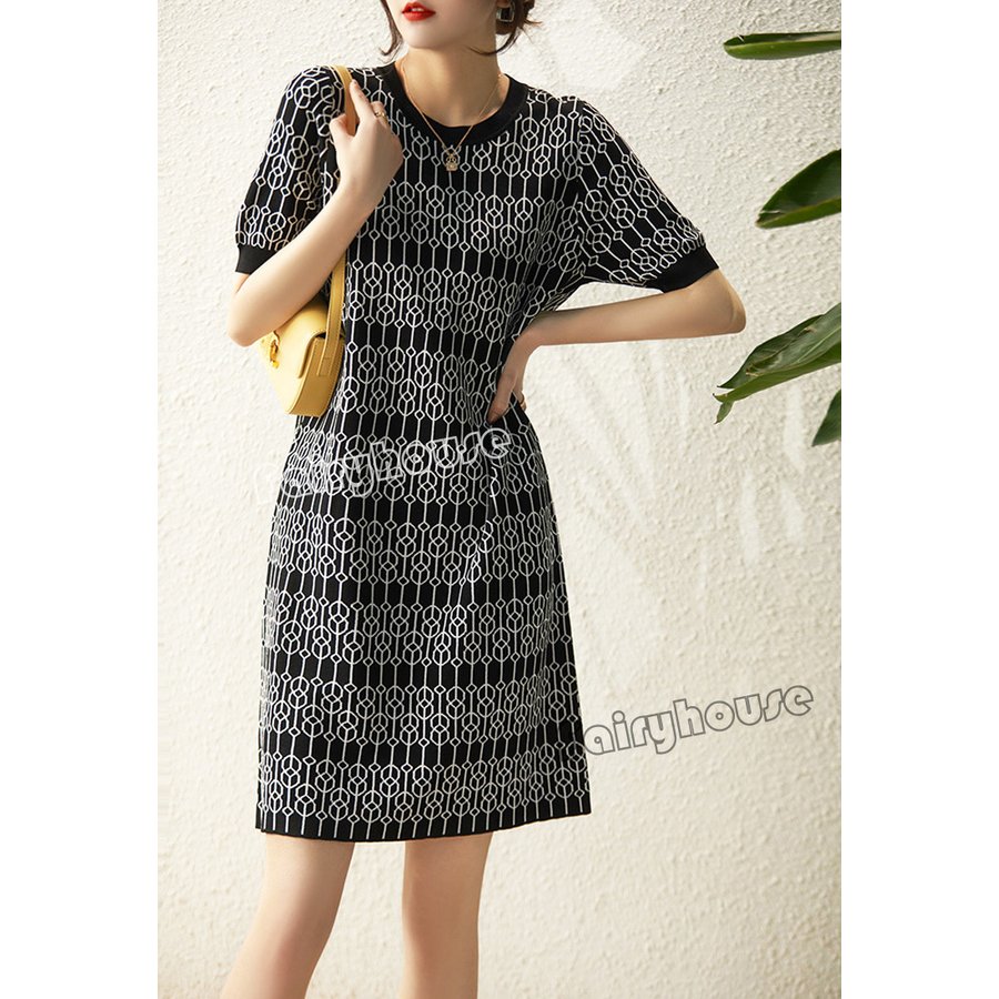 ワンピース レディース 40代 きれいめ 超人気高品質 膝丈ワンピース 幾何プリン ニット 春夏秋 半袖ワンピース