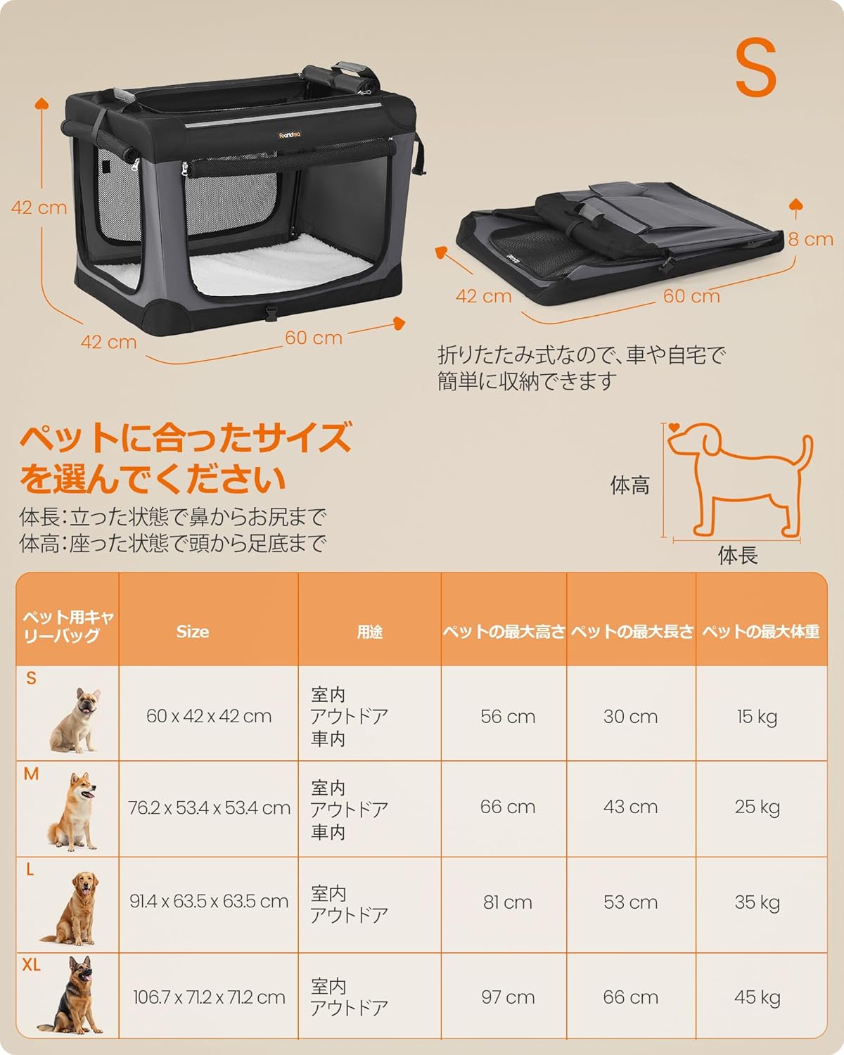 ペットキャリー バッグ 犬 猫 キャリーケース 折りたたみ 省ペース 持ち運び便利 通気性 臭気がない 小・中型犬 15kgまで フレームが入った頑丈なソフトタイプ 収納ポケット付き