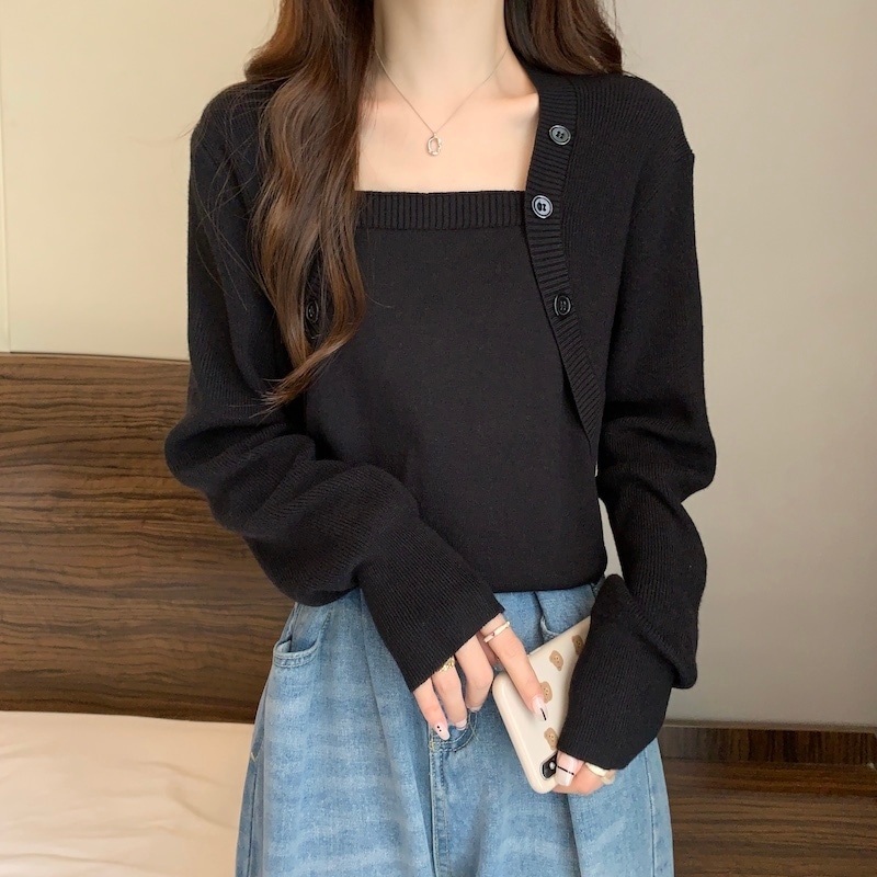 レディース ス ニット スクエアネック 上品 シンプル キレイめ 重ね着風 ゆったり 体型カバー 大人かわいい 抜け感 長袖 ベージュ ブラック 黒 20代 30代 レディース トップス ニット スクエアネック 上品 シンプル