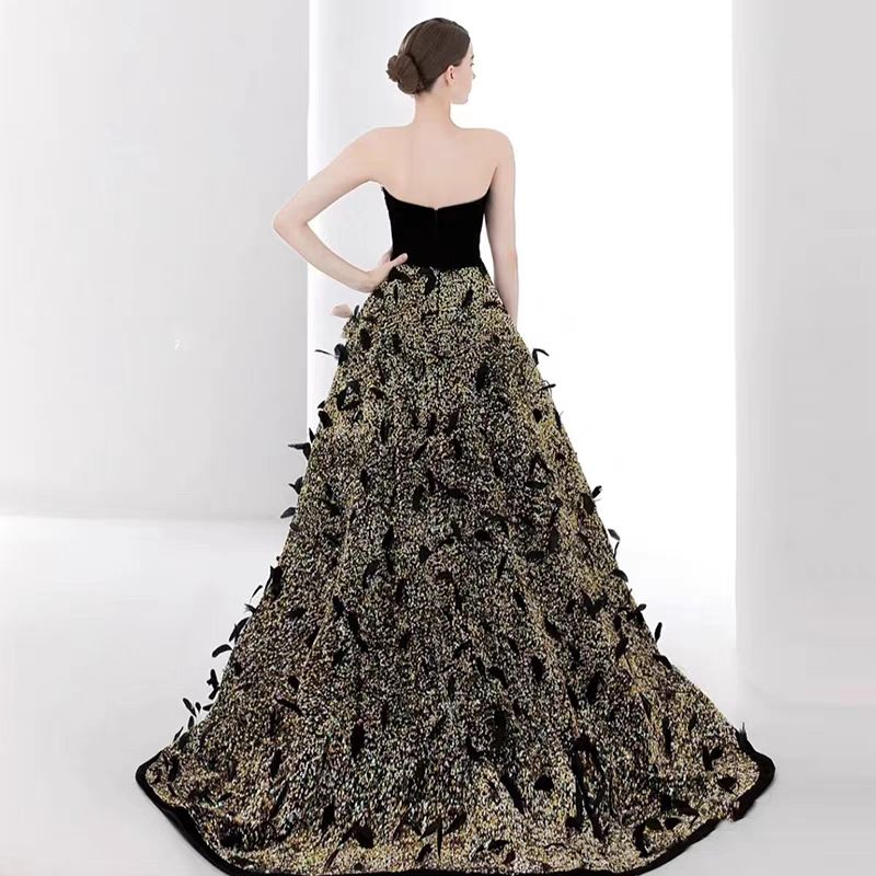 女性ブラックドレス2025バンケット気質ストラップブルーストホストロングテールスカートワンピースドレスドレス 女性ブラックドレス2025バンケット気質ストラップブルーストホストロングテールスカートワンピースドレスドレス