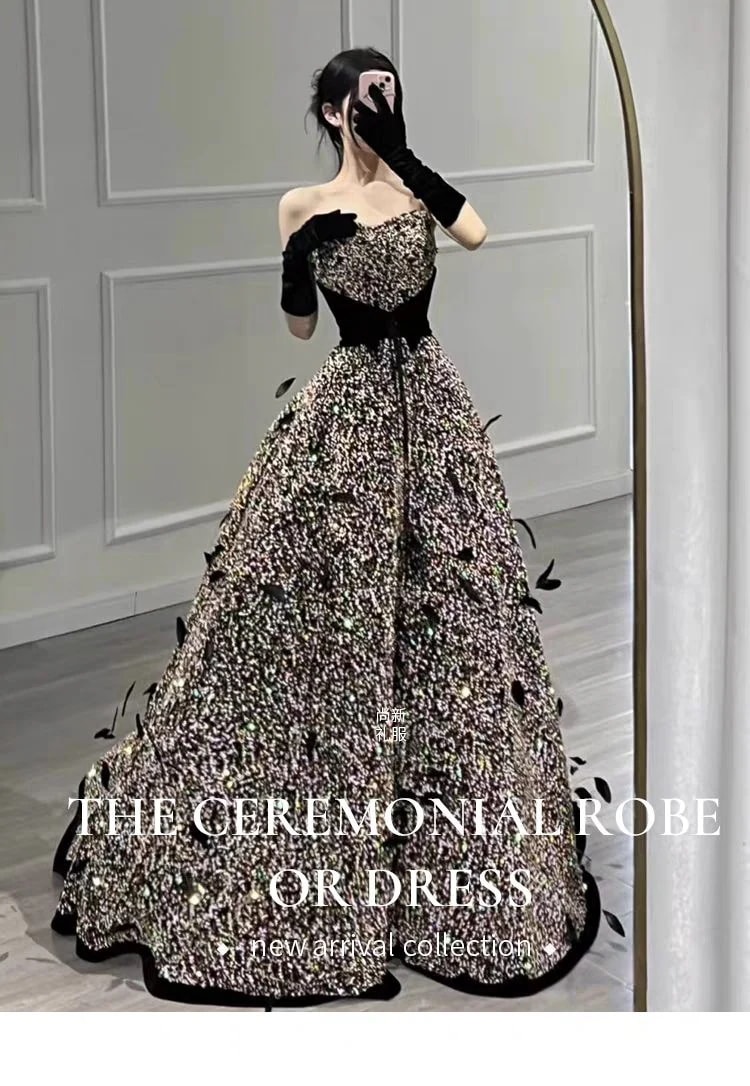 女性ブラックドレス2025バンケット気質ストラップブルーストホストロングテールスカートワンピースドレスドレス 女性ブラックドレス2025バンケット気質ストラップブルーストホストロングテールスカートワンピースドレスドレス