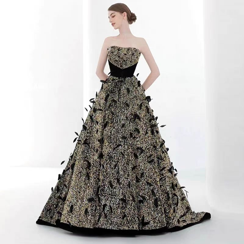 女性ブラックドレス2025バンケット気質ストラップブルーストホストロングテールスカートワンピースドレスドレス 女性ブラックドレス2025バンケット気質ストラップブルーストホストロングテールスカートワンピースドレスドレス