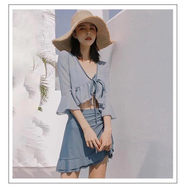 大きいサイズ 【1～3日で出荷】水着 フリルセパレートビキニ プール クロスバンド レディースハイウエスト体型カバー 羽織スカート露出控えパッド付 海