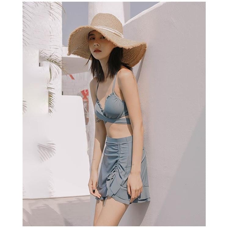 大きいサイズ 【1～3日で出荷】水着 フリルセパレートビキニ プール クロスバンド レディースハイウエスト体型カバー 羽織スカート露出控えパッド付 海