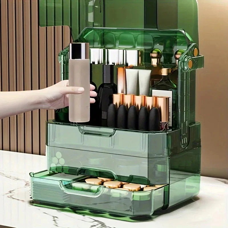 実用的だ 化粧台用の大容量メイクアップオーガナイザー蓋付き化粧品陳列ケース引き出し防水防塵透明カバーポータブルハンドルカウンタートップのスキンケアやジュエリー用の収納ボックス 実用的だ 化粧台用の大容量メイクアップオーガナイザー蓋付き化粧品陳列ケース引き出し防水防塵透明カバーポータブルハンドルカウンタートップのスキンケアやジュエリー用の収納ボックス