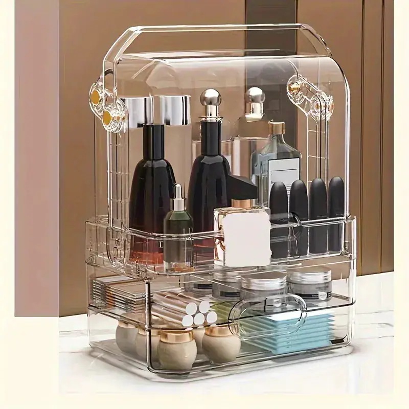 実用的だ 化粧台用の大容量メイクアップオーガナイザー蓋付き化粧品陳列ケース引き出し防水防塵透明カバーポータブルハンドルカウンタートップのスキンケアやジュエリー用の収納ボックス 実用的だ 化粧台用の大容量メイクアップオーガナイザー蓋付き化粧品陳列ケース引き出し防水防塵透明カバーポータブルハンドルカウンタートップのスキンケアやジュエリー用の収納ボックス