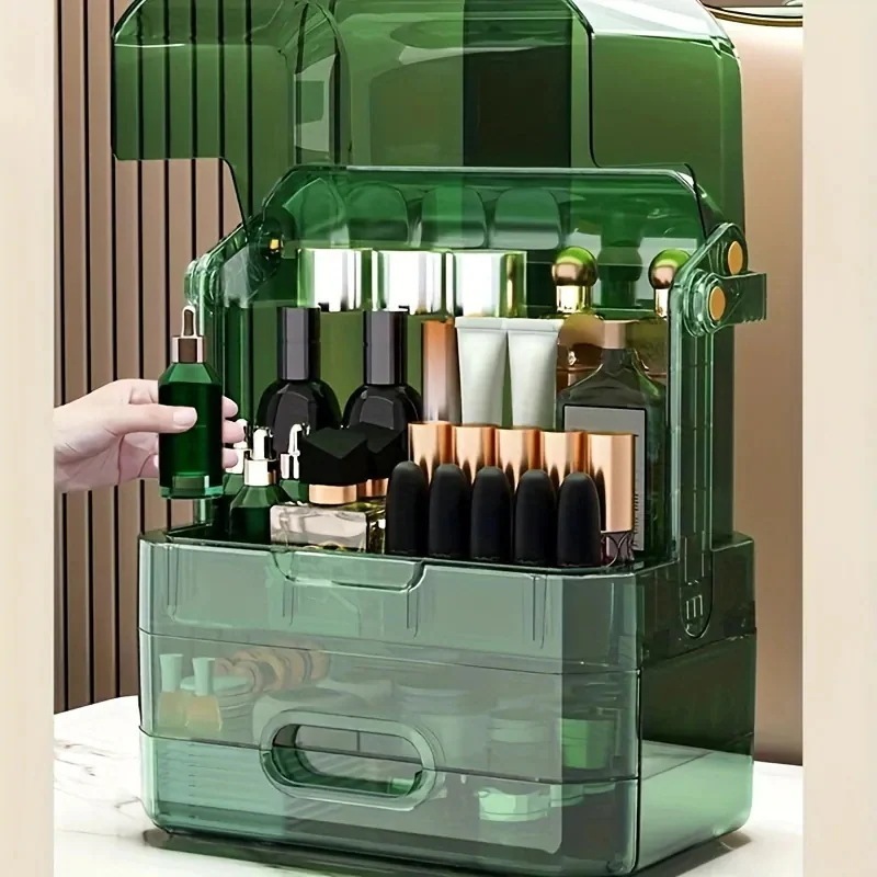 実用的だ 化粧台用の大容量メイクアップオーガナイザー蓋付き化粧品陳列ケース引き出し防水防塵透明カバーポータブルハンドルカウンタートップのスキンケアやジュエリー用の収納ボックス 実用的だ 化粧台用の大容量メイクアップオーガナイザー蓋付き化粧品陳列ケース引き出し防水防塵透明カバーポータブルハンドルカウンタートップのスキンケアやジュエリー用の収納ボックス