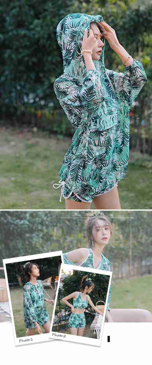 新品 水陸両用 植物柄 ママ水着 UVカーバ 透ける 長袖 UVカッド ビキニ 3点セット 水着 可愛い プレゼント 高校生 20代 韓国 め へそ出し 大きサイズ 細見え セパレート パンツ レデ