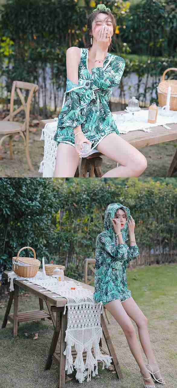 新品 水陸両用 植物柄 ママ水着 UVカーバ 透ける 長袖 UVカッド ビキニ 3点セット 水着 可愛い プレゼント 高校生 20代 韓国 め へそ出し 大きサイズ 細見え セパレート パンツ レデ