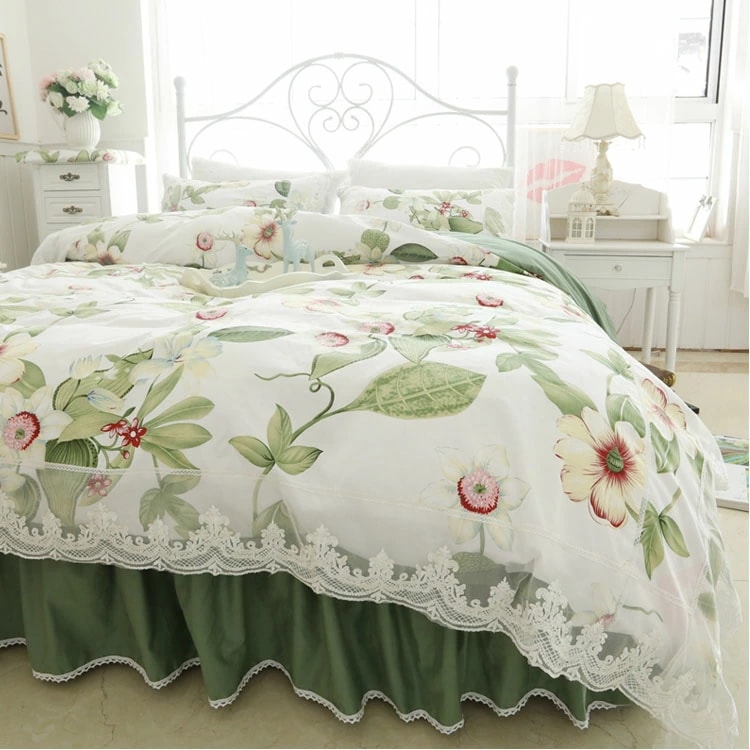 寝具カバーセット 布団カバー グリーン 花柄 レース キレイめ 韓国風 布団カバーセット 3点セット 4点セット ベッドスカート 姫系 綿100％ 掛け布団カバー 可愛い プリント花柄 ロマンチック