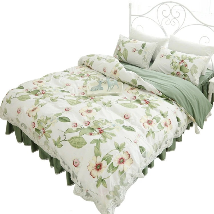 寝具カバーセット 布団カバー グリーン 花柄 レース キレイめ 韓国風 布団カバーセット 3点セット 4点セット ベッドスカート 姫系 綿100％ 掛け布団カバー 可愛い プリント花柄 ロマンチック