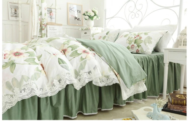 寝具カバーセット 布団カバー グリーン 花柄 レース キレイめ 韓国風 布団カバーセット 3点セット 4点セット ベッドスカート 姫系 綿100％ 掛け布団カバー 可愛い プリント花柄 ロマンチック