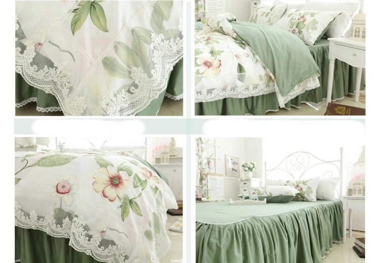 寝具カバーセット 布団カバー グリーン 花柄 レース キレイめ 韓国風 布団カバーセット 3点セット 4点セット ベッドスカート 姫系 綿100％ 掛け布団カバー 可愛い プリント花柄 ロマンチック
