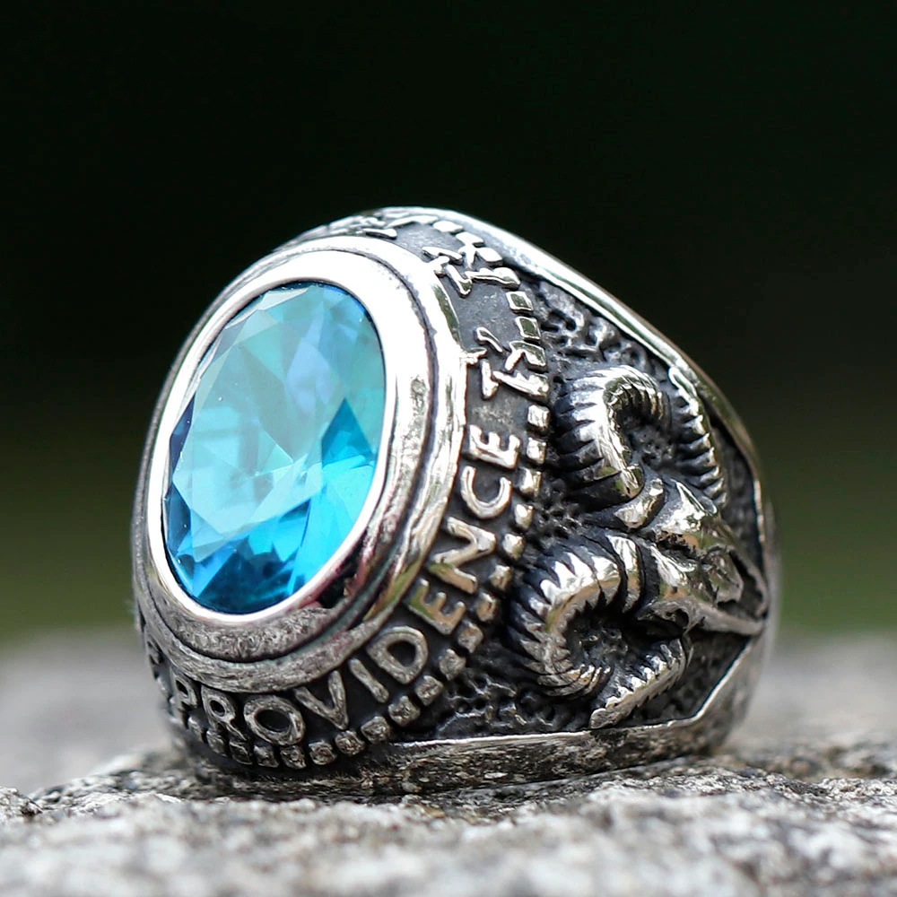 ゴールドデーモンチャンピオン ステンレスリング アクアブルー（VRR296）指輪 25-33号 4サイズ 悪魔 サタン 青色ジルコニア 山羊 ヤギ ピラミッド 羊 ヒツジ r1211xxxxxxxx