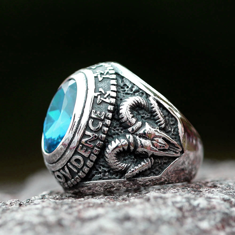 ゴールドデーモンチャンピオン ステンレスリング アクアブルー（VRR296）指輪 25-33号 4サイズ 悪魔 サタン 青色ジルコニア 山羊 ヤギ ピラミッド 羊 ヒツジ r1211xxxxxxxx