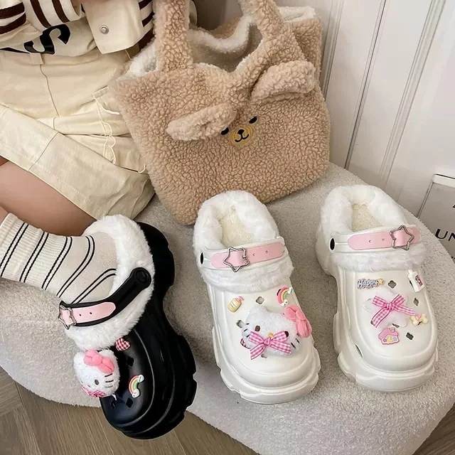 【メガ割】アニメかわいいハローキティ洞洞靴女の外履き2024秋冬新作厚底増高ファッションソフト萌え包頭2着綿スリッパ