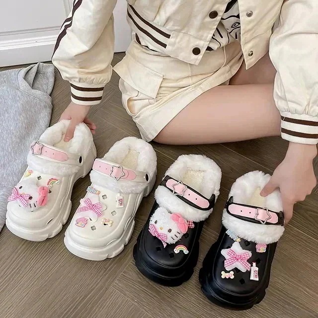 【メガ割】アニメかわいいハローキティ洞洞靴女の外履き2024秋冬新作厚底増高ファッションソフト萌え包頭2着綿スリッパ