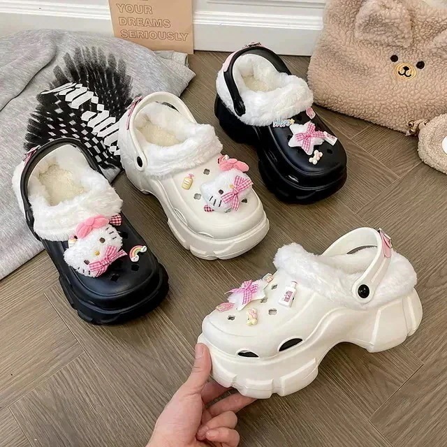 【メガ割】アニメかわいいハローキティ洞洞靴女の外履き2024秋冬新作厚底増高ファッションソフト萌え包頭2着綿スリッパ