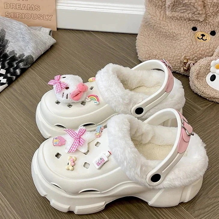 【メガ割】アニメかわいいハローキティ洞洞靴女の外履き2024秋冬新作厚底増高ファッションソフト萌え包頭2着綿スリッパ