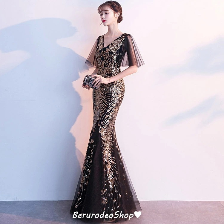 マーメイドドレス ブラック スパンコール キレイめ イブニングドレス ロングドレス 黒 パーティードレス タイトドレス タイトドレス ブルー Vネック セクシー 30代 40代