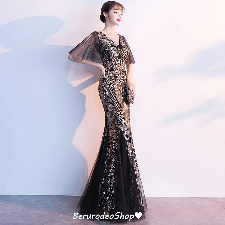 マーメイドドレス ブラック スパンコール キレイめ イブニングドレス ロングドレス 黒 パーティードレス タイトドレス タイトドレス ブルー Vネック セクシー 30代 40代