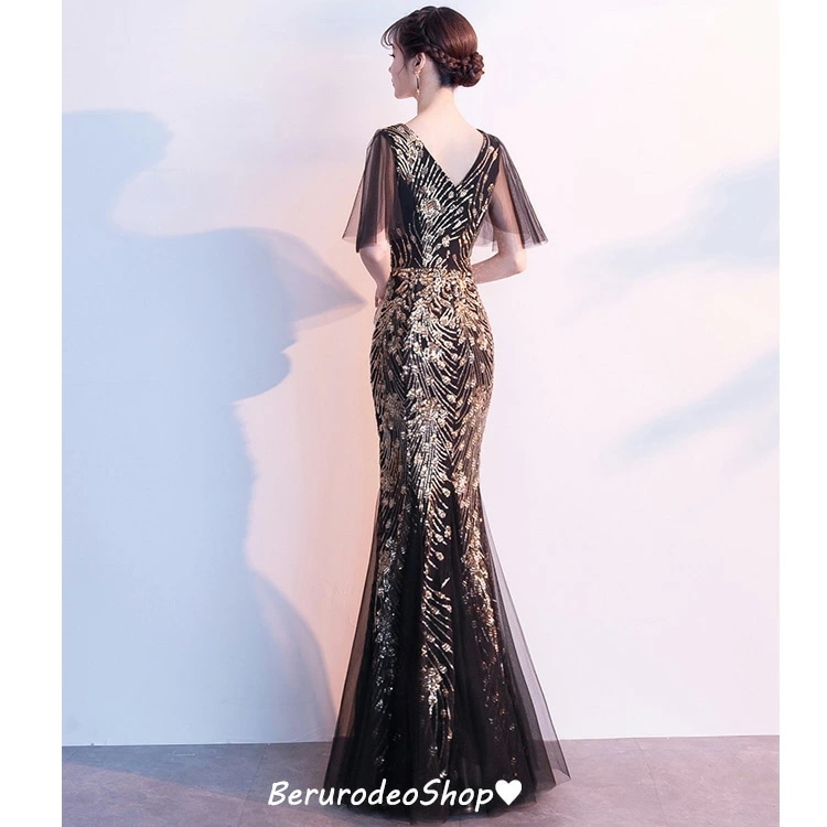 マーメイドドレス ブラック スパンコール キレイめ イブニングドレス ロングドレス 黒 パーティードレス タイトドレス タイトドレス ブルー Vネック セクシー 30代 40代