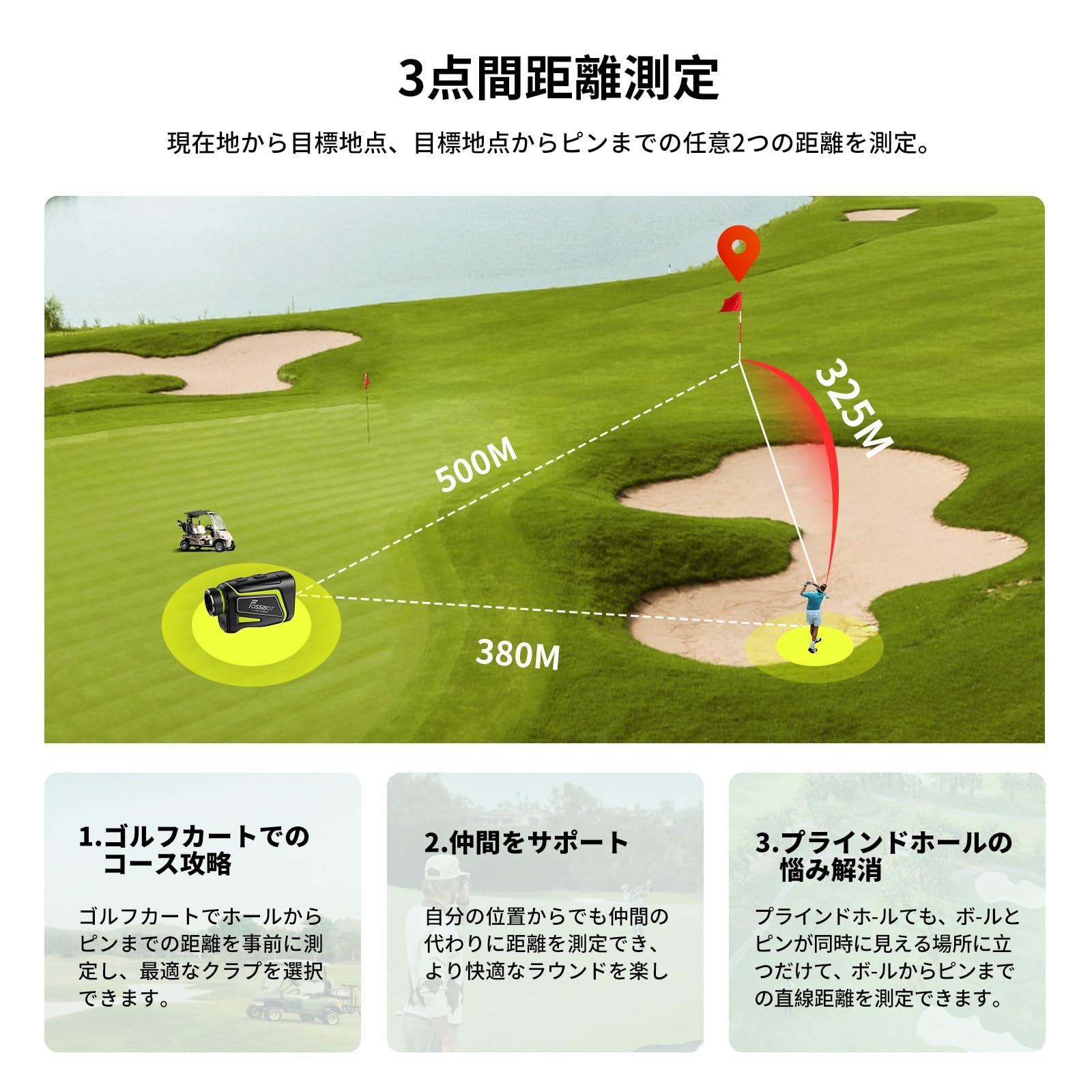 FOSSiBOT C1000F ゴルフレーザー距離計 3点間測定 LCD黒表示 最速0.04S測定 光学6.5倍望遠 高透過レンズ 1000m/1093yd対応 マグネット付 Mini ゴルフ距離計