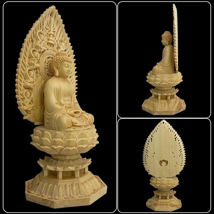 仏像 飛天光背 八画台座 木彫り 座像 仏壇 置物 彫刻 仏具 厄除け(釈迦如来)