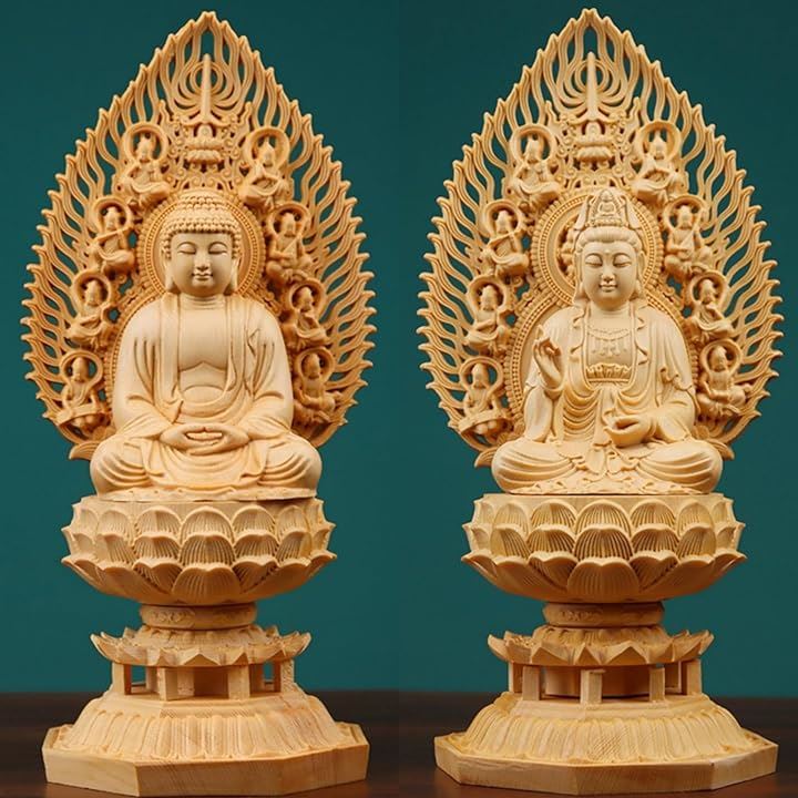 仏像 飛天光背 八画台座 木彫り 座像 仏壇 置物 彫刻 仏具 厄除け(釈迦如来)