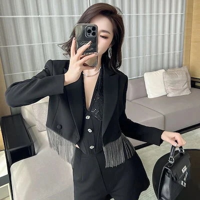 JY上品 24 フリンジ スーツトップス 短い丈 スートコート ショート おしゃれ レディース トップス