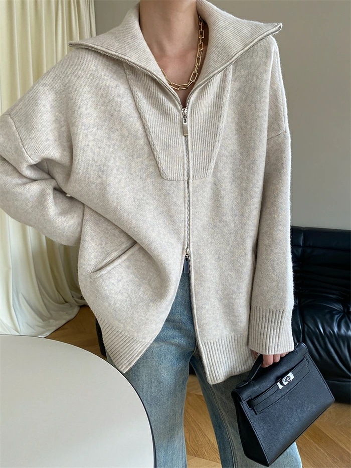 ニットカーディガン レディース 厚手 秋冬 ジャケット ニットジャケット 折襟 ショート丈 コート ダブルジップ ニット カーディガン 羽織り アウター 長袖 ジップアップ セーター ドロップショルダ