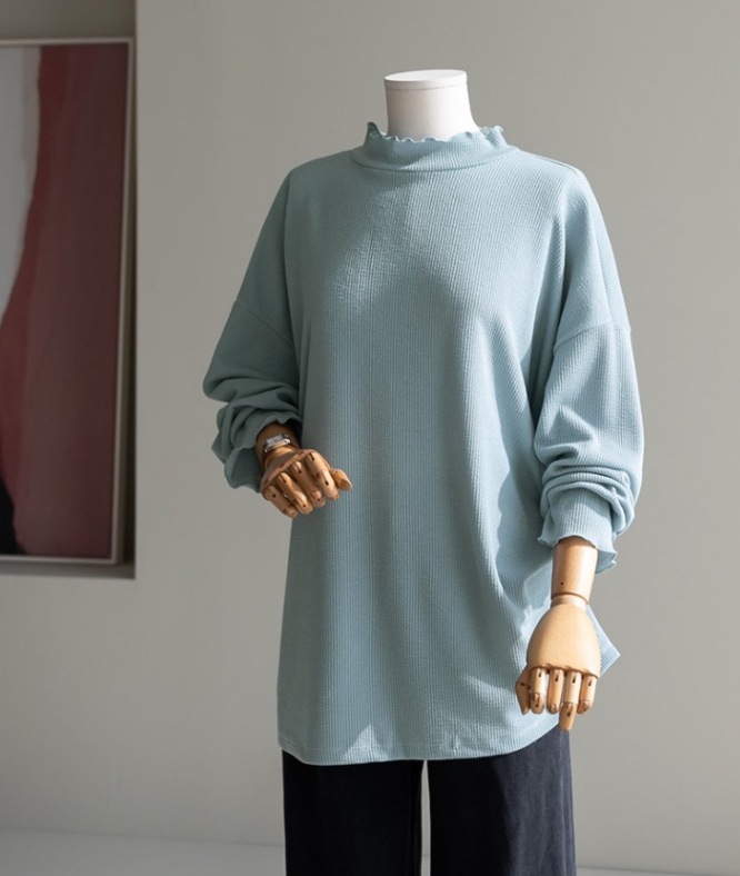 フリルハイネック トップス Tシャツ シャツ プルオーバー 袖あり 長袖 萌袖 ハイネック スリム ストレート Iライン フリル かわいい 大人可愛い きれいめ Tシャツ レディース インナー 無地 薄いボア付き ハイネック