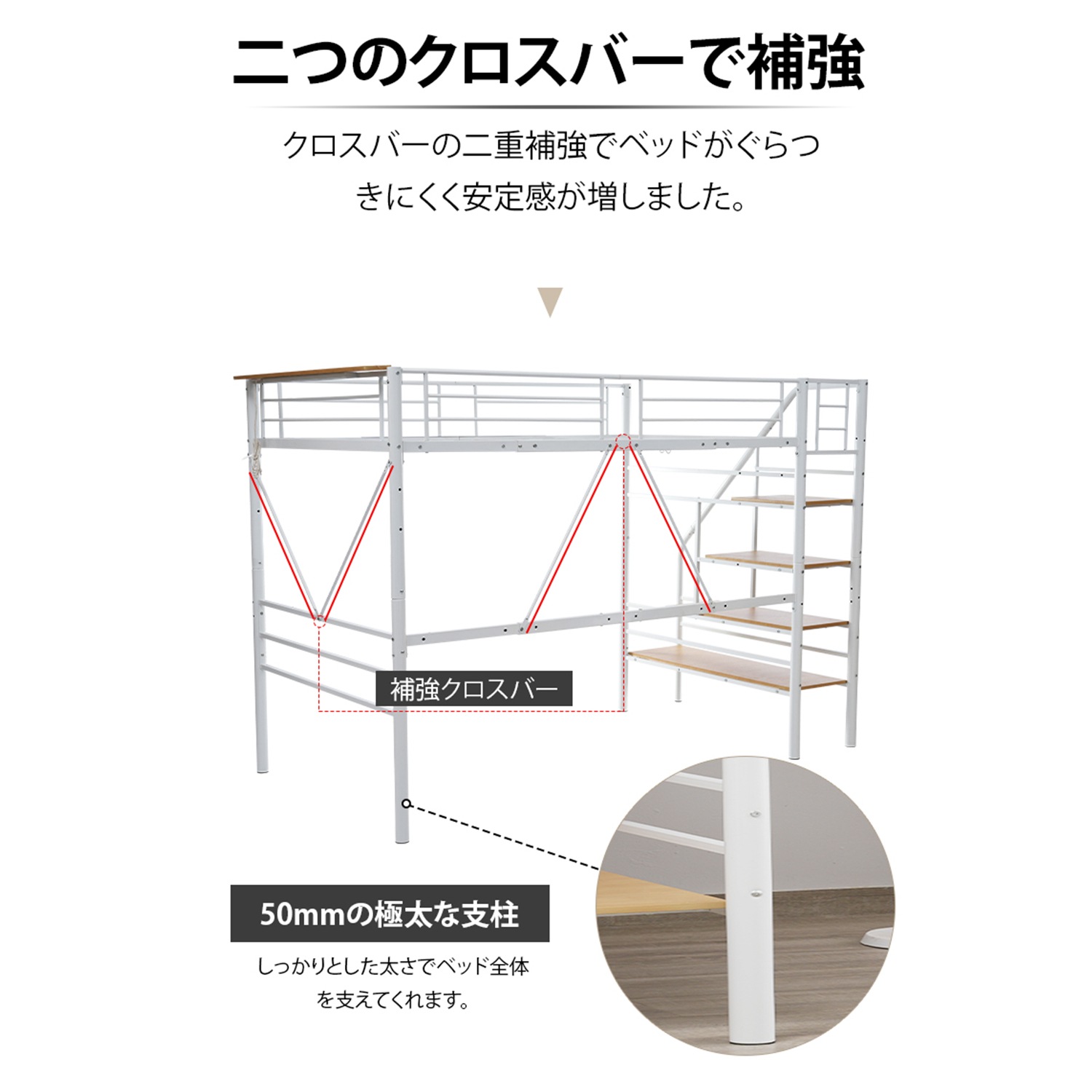 S ロフトベッド 階段付き S パイプベッド シングル コンセント付き