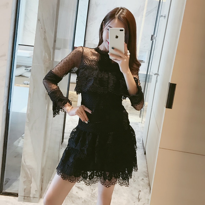 シースルーレースドレス シースルー ドット 水玉 レース ワンピース ドレス 長袖 膝上 ミニワンピ