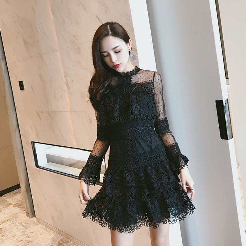 シースルーレースドレス シースルー ドット 水玉 レース ワンピース ドレス 長袖 膝上 ミニワンピ