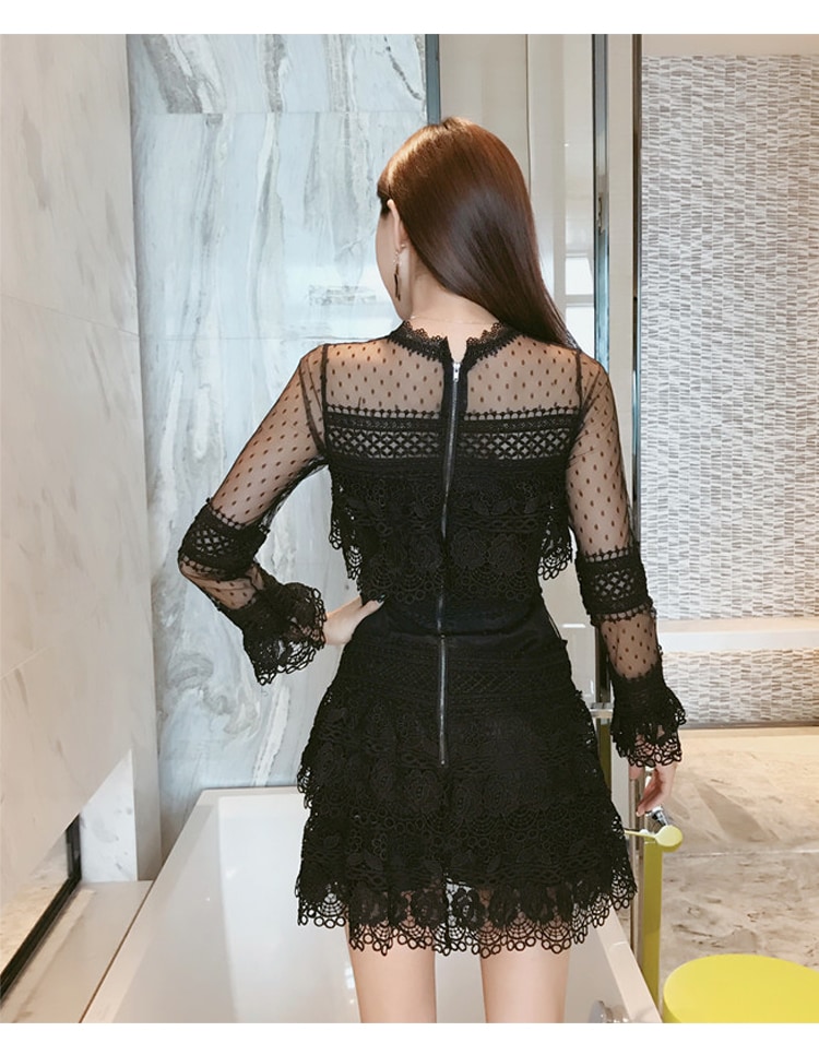 シースルーレースドレス シースルー ドット 水玉 レース ワンピース ドレス 長袖 膝上 ミニワンピ