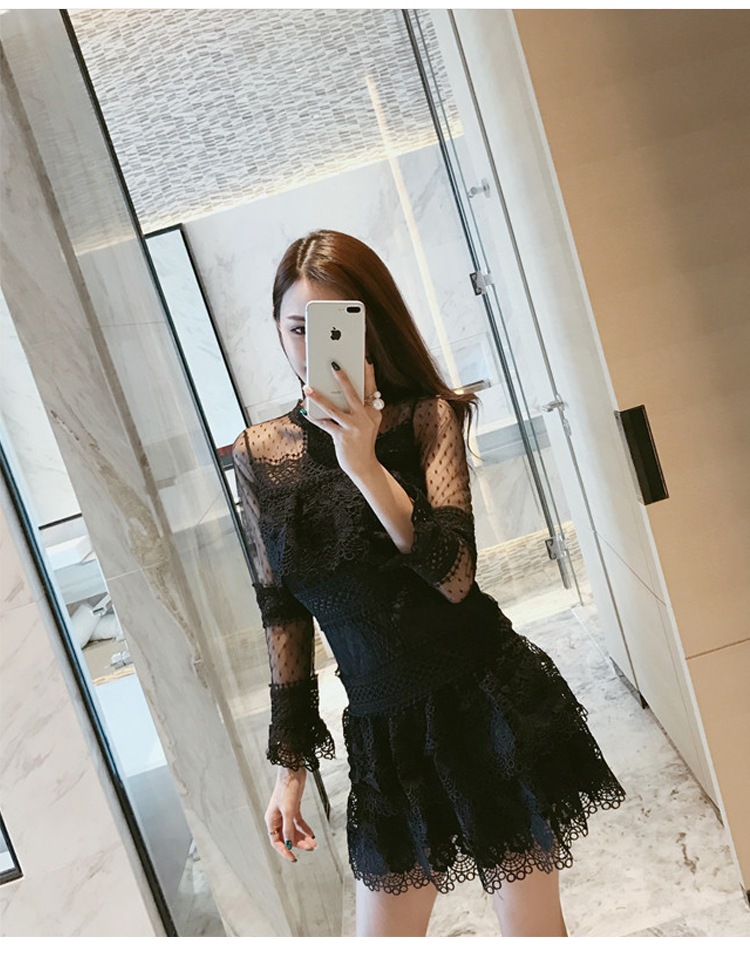 シースルーレースドレス シースルー ドット 水玉 レース ワンピース ドレス 長袖 膝上 ミニワンピ