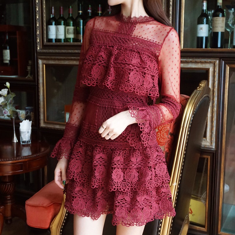 シースルーレースドレス シースルー ドット 水玉 レース ワンピース ドレス 長袖 膝上 ミニワンピ