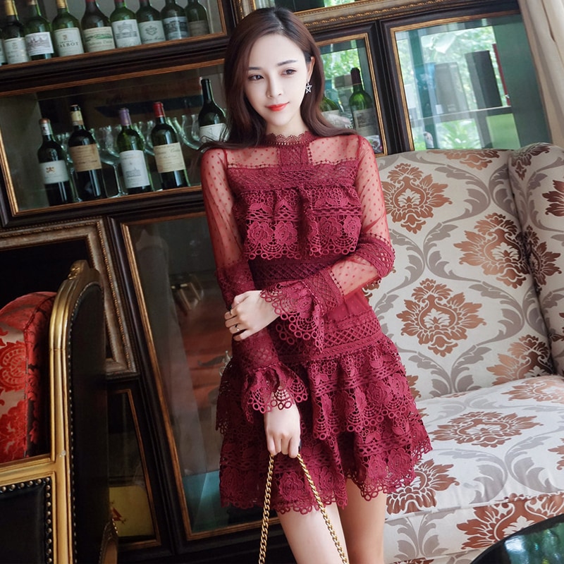 シースルーレースドレス シースルー ドット 水玉 レース ワンピース ドレス 長袖 膝上 ミニワンピ