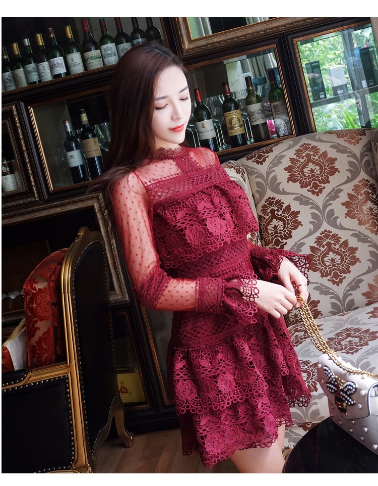 シースルーレースドレス シースルー ドット 水玉 レース ワンピース ドレス 長袖 膝上 ミニワンピ