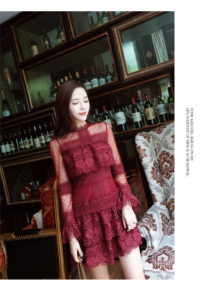 シースルーレースドレス シースルー ドット 水玉 レース ワンピース ドレス 長袖 膝上 ミニワンピ