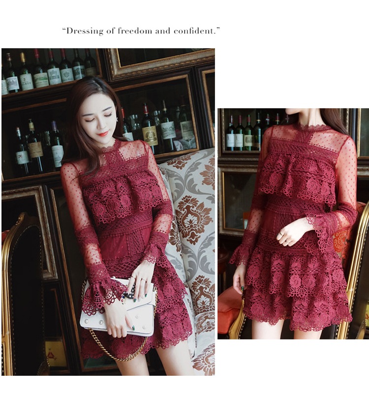 シースルーレースドレス シースルー ドット 水玉 レース ワンピース ドレス 長袖 膝上 ミニワンピ