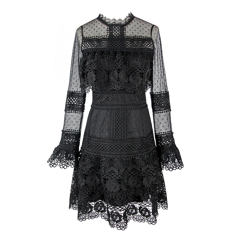 シースルーレースドレス シースルー ドット 水玉 レース ワンピース ドレス 長袖 膝上 ミニワンピ