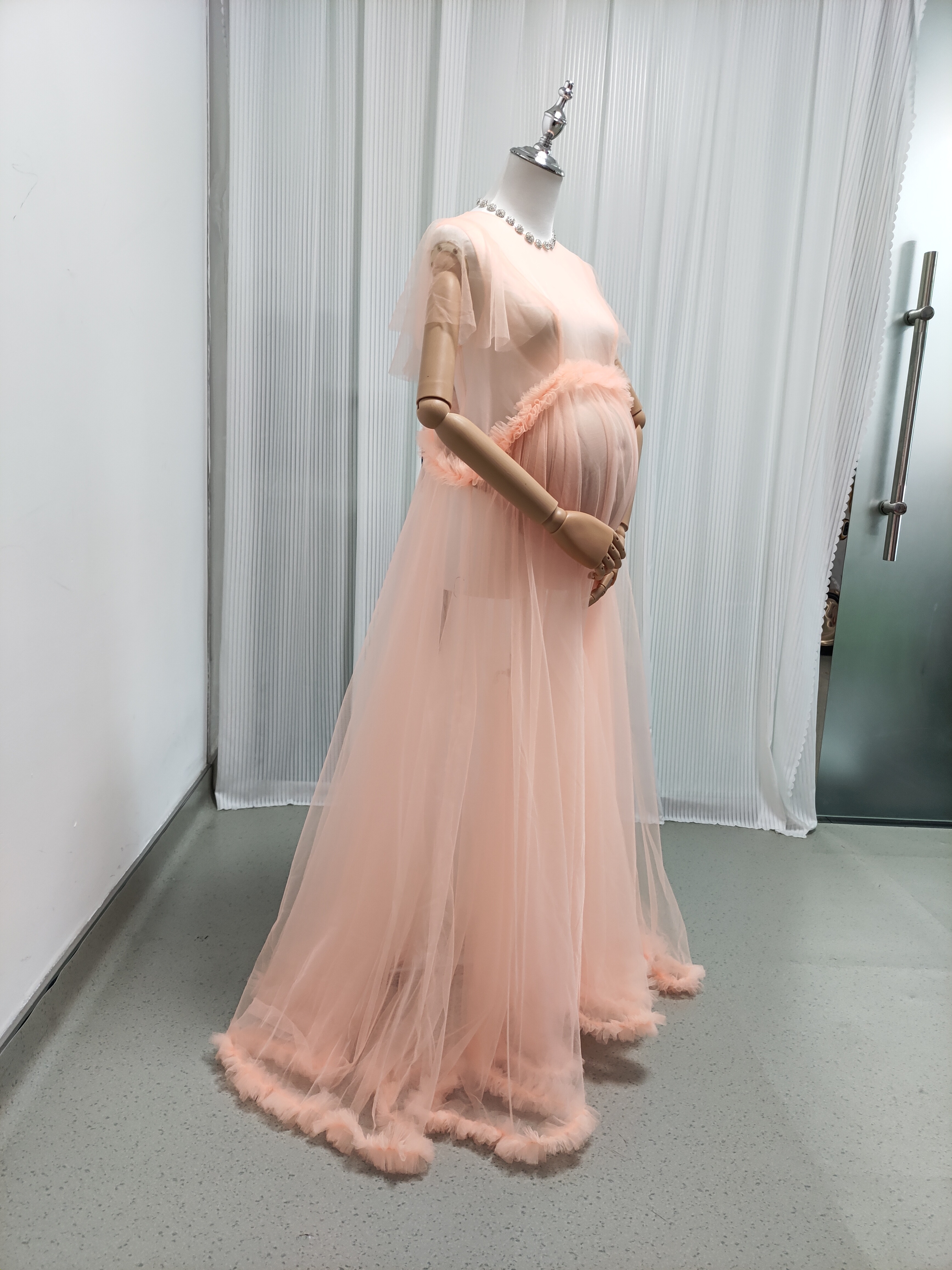 妊婦ドレス マタニティ オレンジ シースルー ワンピース 写真撮影 ソフトチュール