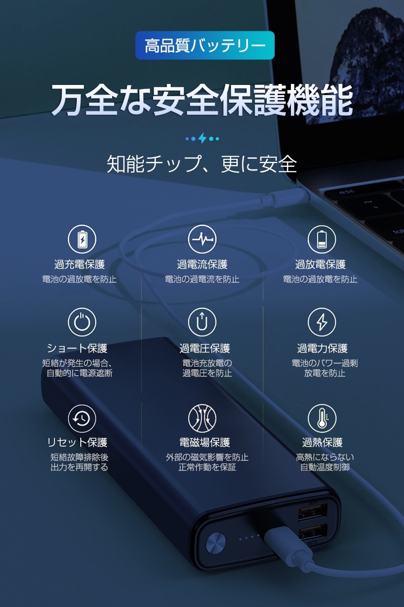 超大容量 残電量表示 知能チップ ポリマーリチウム電池 C出力/入力ポート Type USB出力ポート 携帯充電器 QC3.0 QC2.0 65W PD対応 30000mAh大容量 モバイルバッテリー