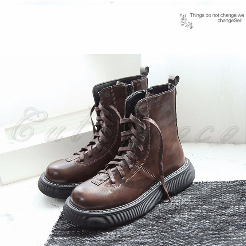 ショートブーツ レディース 無地 厚底 レースアップ風 サイドジップ ボアなし 裏起毛 本物 滑り止め付き