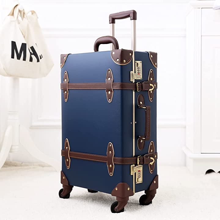 トランクケース キャリーバッグ 革 手作り 復古主義 レトロ おしゃれ かわいい 超軽量 旅行 出張 大容量 静音四輪 Lサイズ 24 49L( ロイヤルブルー, Lサイズ(24))