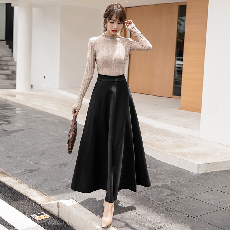 ボトムス スカート ロングスカート マキシ丈 ロング丈 ロング レハイウエスト シンプル 無地 ドレープ Aライン ウール 厚手 厚い 脚長 シルエット 美ライン 大人可愛い かわいい 可愛い